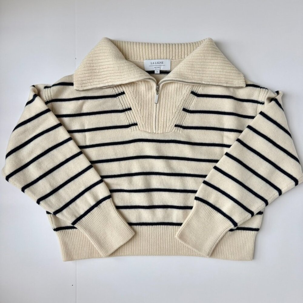 La Ligne Bastien Merino Wool Striped Quarter Zip Sweater Small - Picture 2 of 5